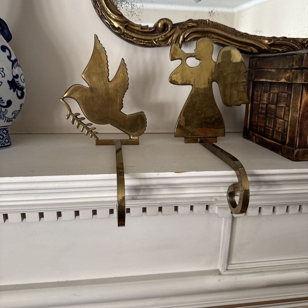 Lot 2 Vintage Brass Stocking Holder Long Arm Heavy Christmas Bird Angel READ